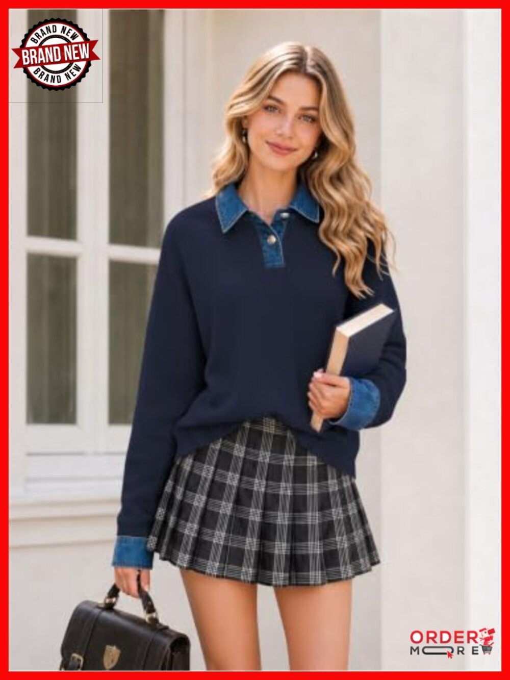 Oversized V-Neck Collared Button Pullover Sweater - Picture 4 of 6